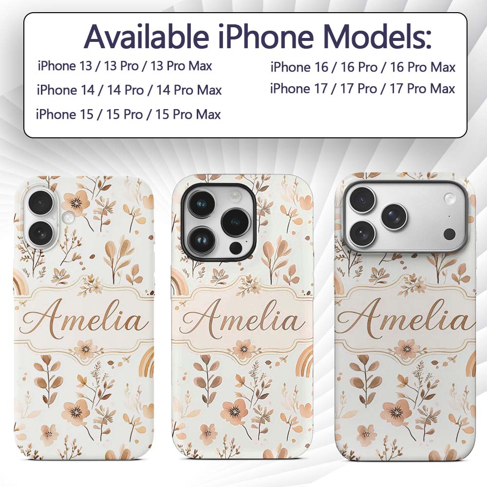 Neutral Boho Rainbow Floral Watercolor Seamless Custom Name Protective Phone Case Mobile Cover Durable Everyday Smartphone Shock Resistant
