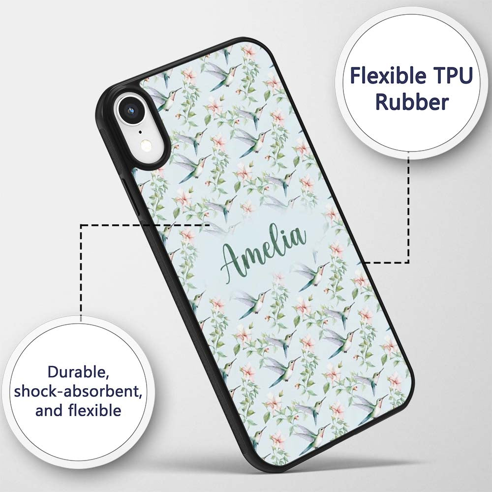 Delicate Hummingbird Floral Soft Blue Seamless Custom Name Protective Phone Case Mobile Cover Durable Everyday Smartphone Shock Resistant