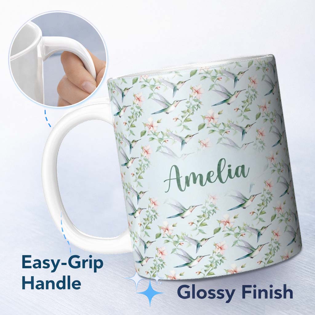 Personalized Custom Name Delicate Hummingbird Floral Soft Blue Seamless Pattern Name Cute 11oz Ceramic Coffee Tea Mug White Large Handle