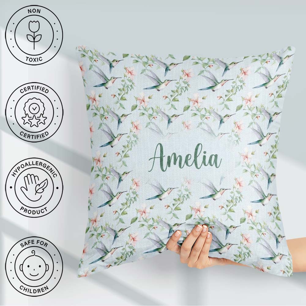 Custom Name Delicate Floral Soft Blue Seamless Pattern Name Cute Square Filled Cushion Throw Pillow Sofa Bed Home Decor Zip Washable UK Made