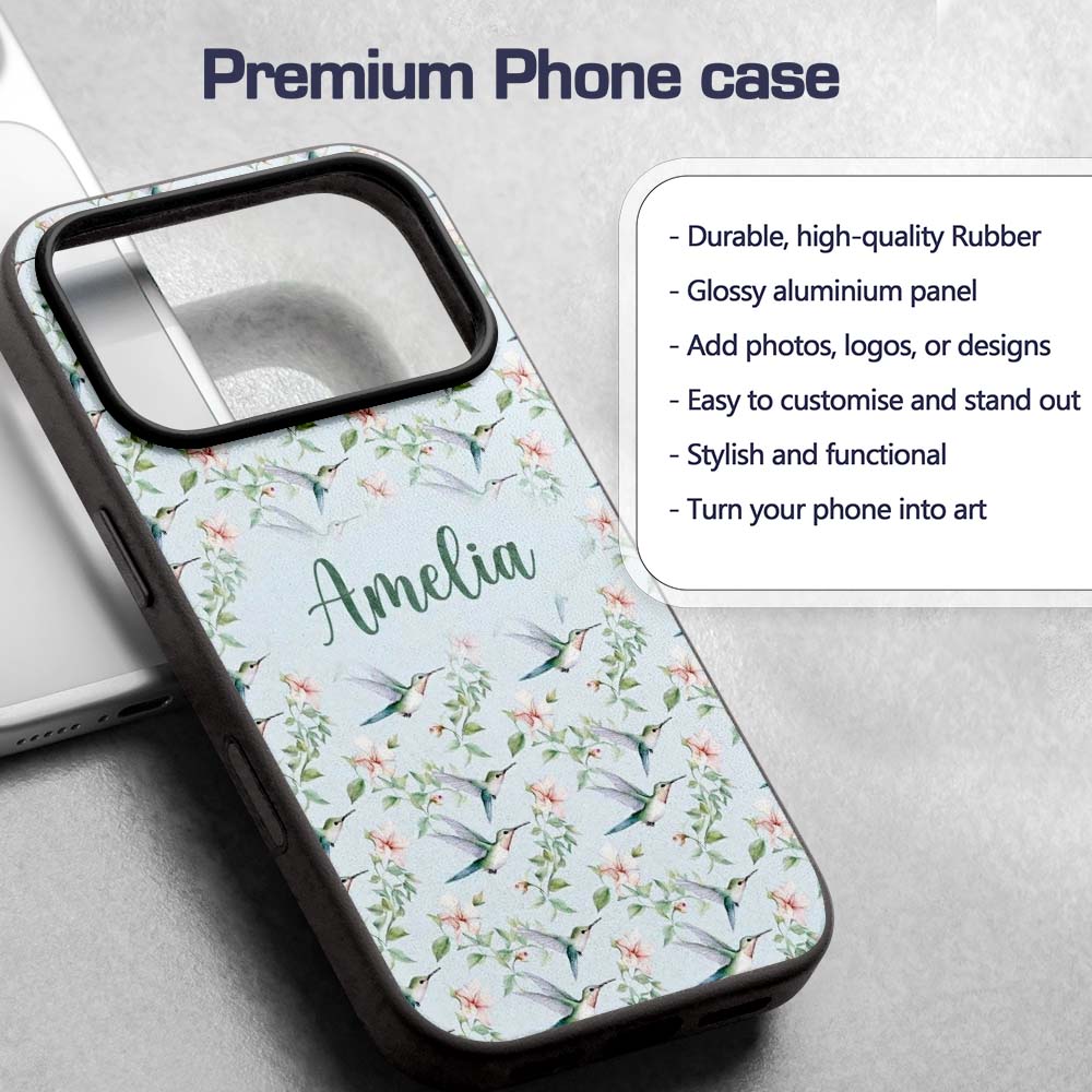 Delicate Hummingbird Floral Soft Blue Seamless Custom Name Protective Phone Case Mobile Cover Durable Everyday Smartphone Shock Resistant