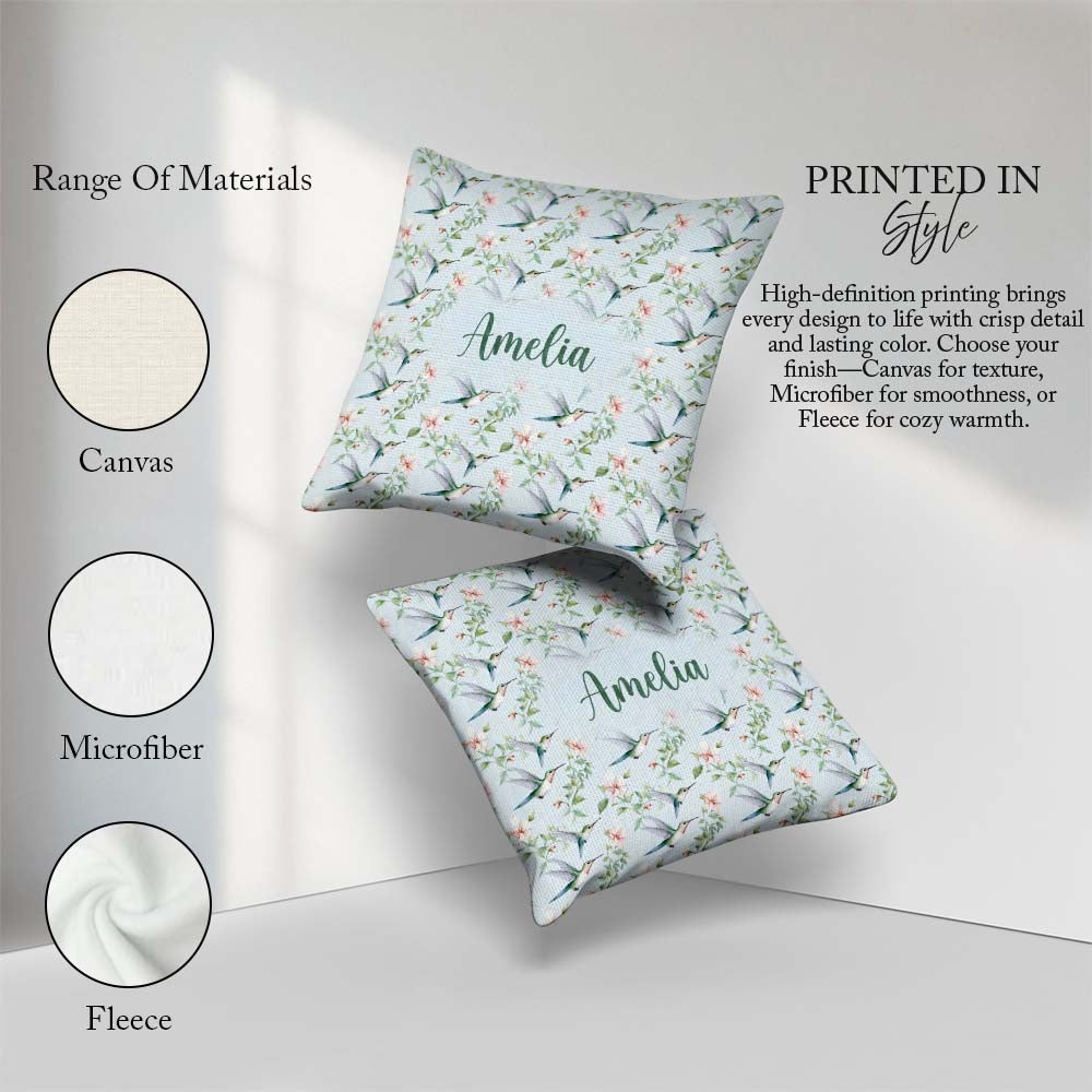 Custom Name Delicate Floral Soft Blue Seamless Pattern Name Cute Square Filled Cushion Throw Pillow Sofa Bed Home Decor Zip Washable UK Made