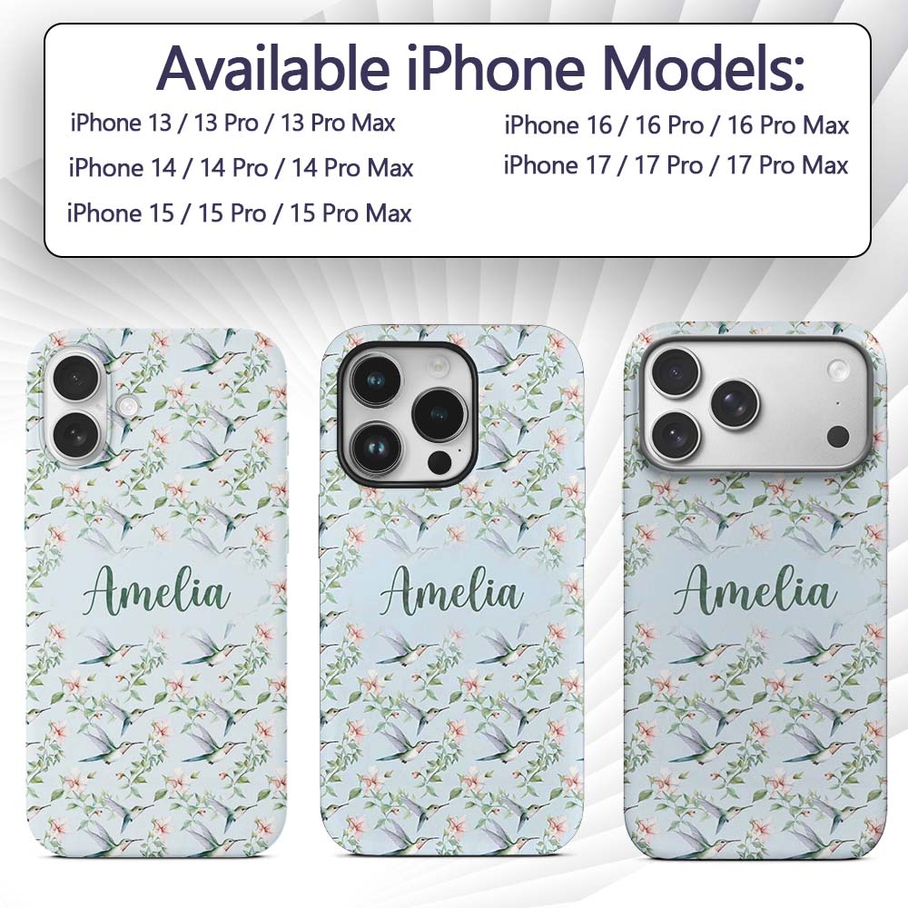 Delicate Hummingbird Floral Soft Blue Seamless Custom Name Protective Phone Case Mobile Cover Durable Everyday Smartphone Shock Resistant