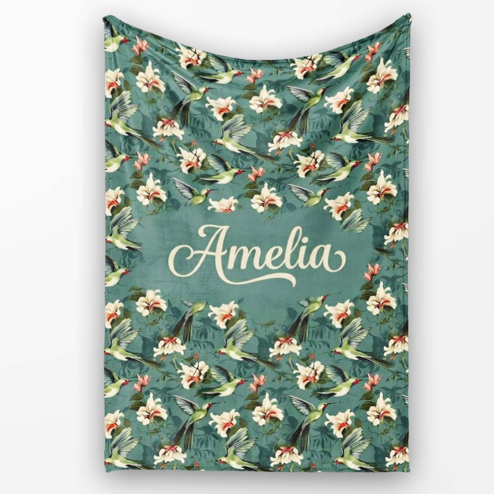 Vintage Hummingbird Lily Floral Dark Green Seamless Pattern Name Personalised Custom Name Super Soft Fleece Blanket Bed Sofa Throw
