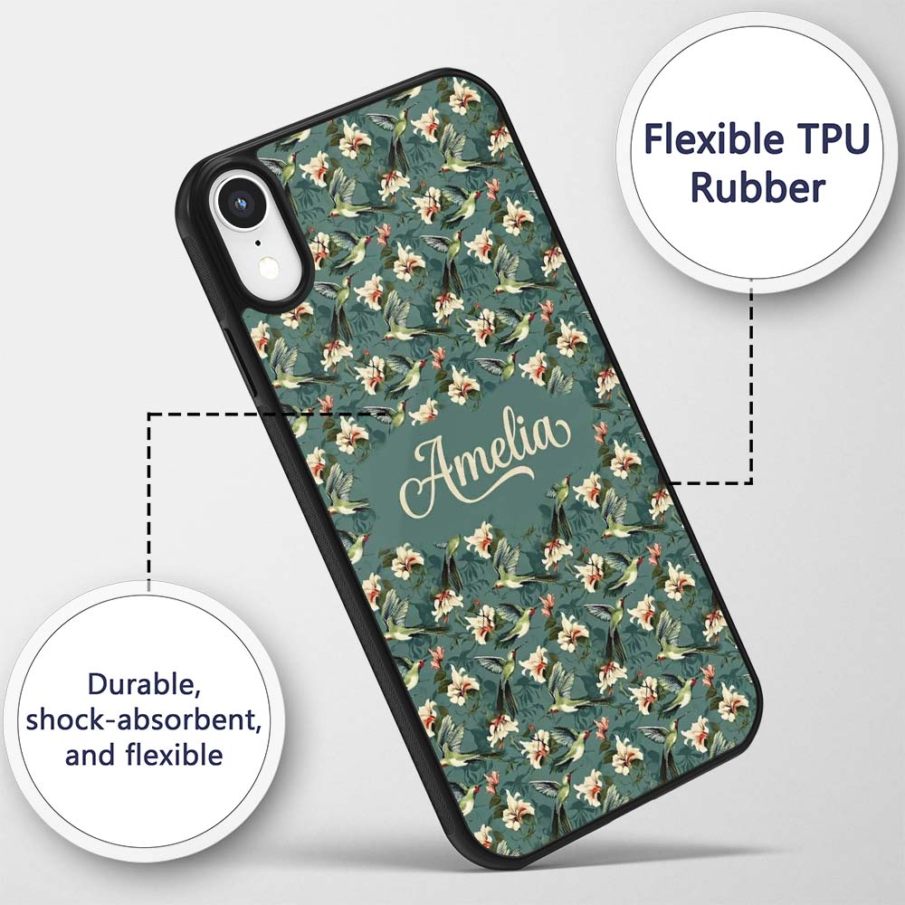 Vintage Hummingbird Lily Floral Printed Design Custom Name Protective Phone Case Mobile Cover Durable Everyday Smartphone Shock Resistant