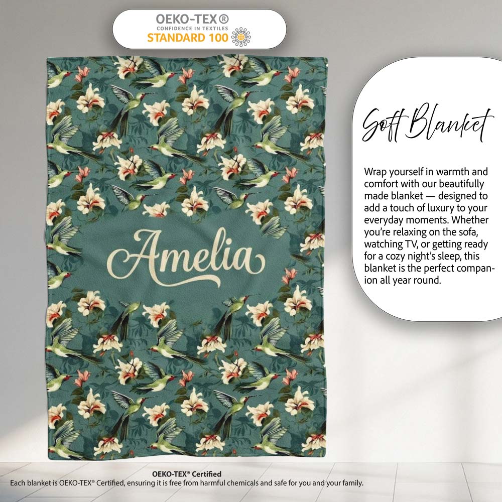 Vintage Hummingbird Lily Floral Dark Green Seamless Pattern Name Personalised Custom Name Super Soft Fleece Blanket Bed Sofa Throw