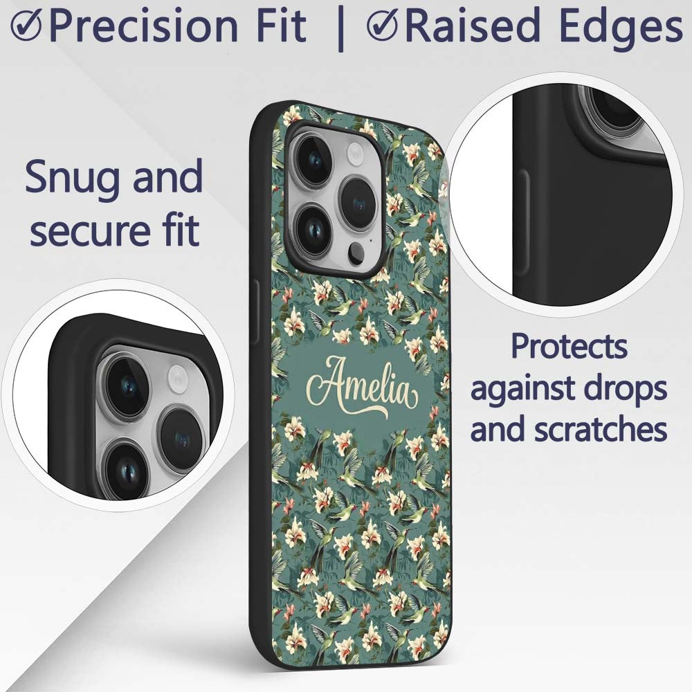 Vintage Hummingbird Lily Floral Printed Design Custom Name Protective Phone Case Mobile Cover Durable Everyday Smartphone Shock Resistant