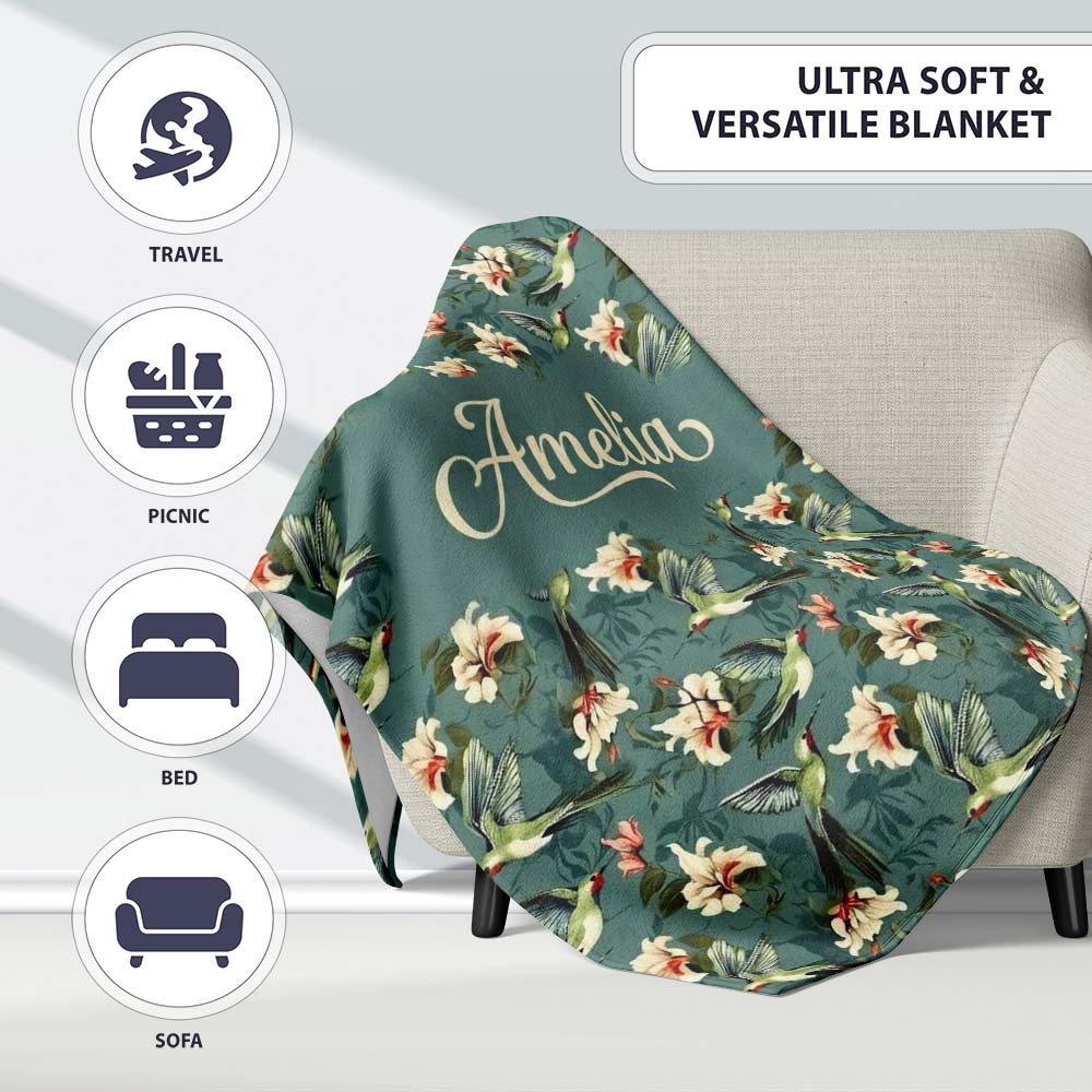 Vintage Hummingbird Lily Floral Dark Green Seamless Pattern Name Personalised Custom Name Super Soft Fleece Blanket Bed Sofa Throw