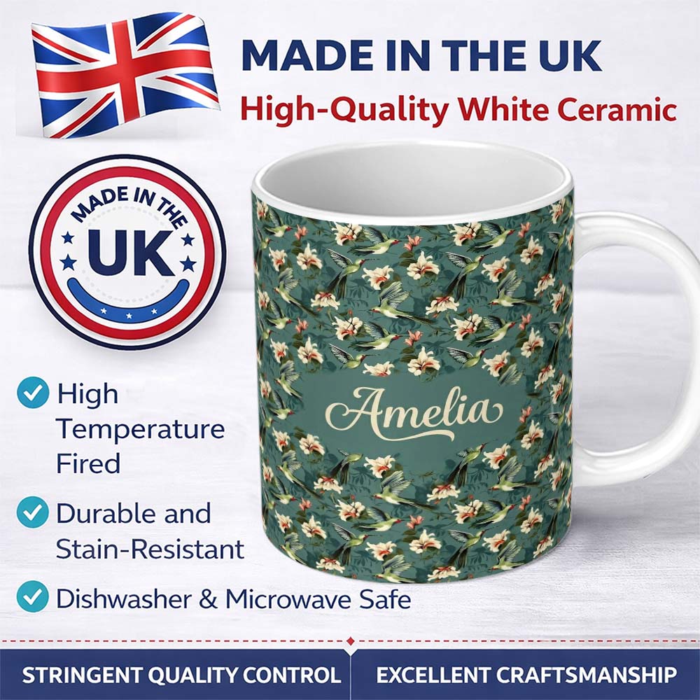 Personalized Custom Name Vintage Hummingbird Lily Floral Dark Green Seamless Pattern Name 11oz Ceramic Coffee Tea Mug White Large Handle