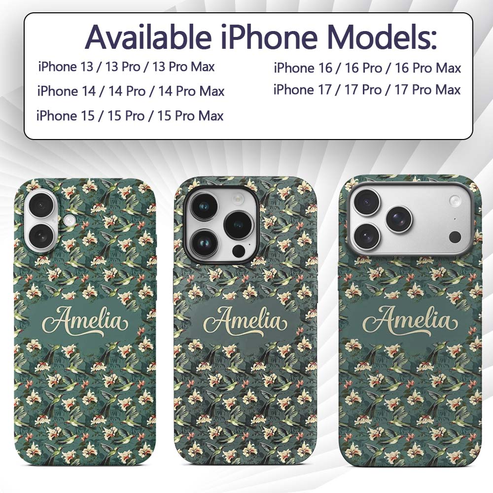 Vintage Hummingbird Lily Floral Printed Design Custom Name Protective Phone Case Mobile Cover Durable Everyday Smartphone Shock Resistant