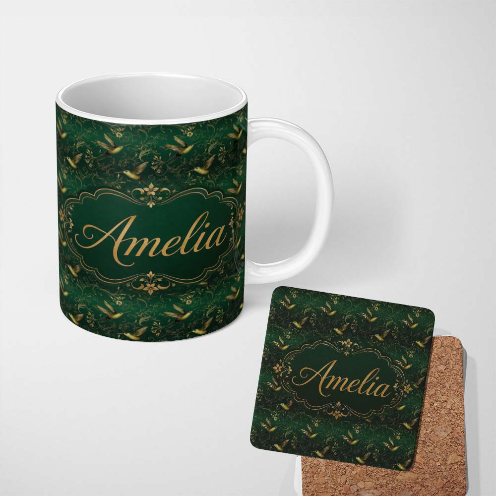 Personalized Custom Name Elegant Gold Hummingbird Botanical Dark Seamless Pattern Name Cute 11oz Ceramic Coffee Tea Mug White Large Handle