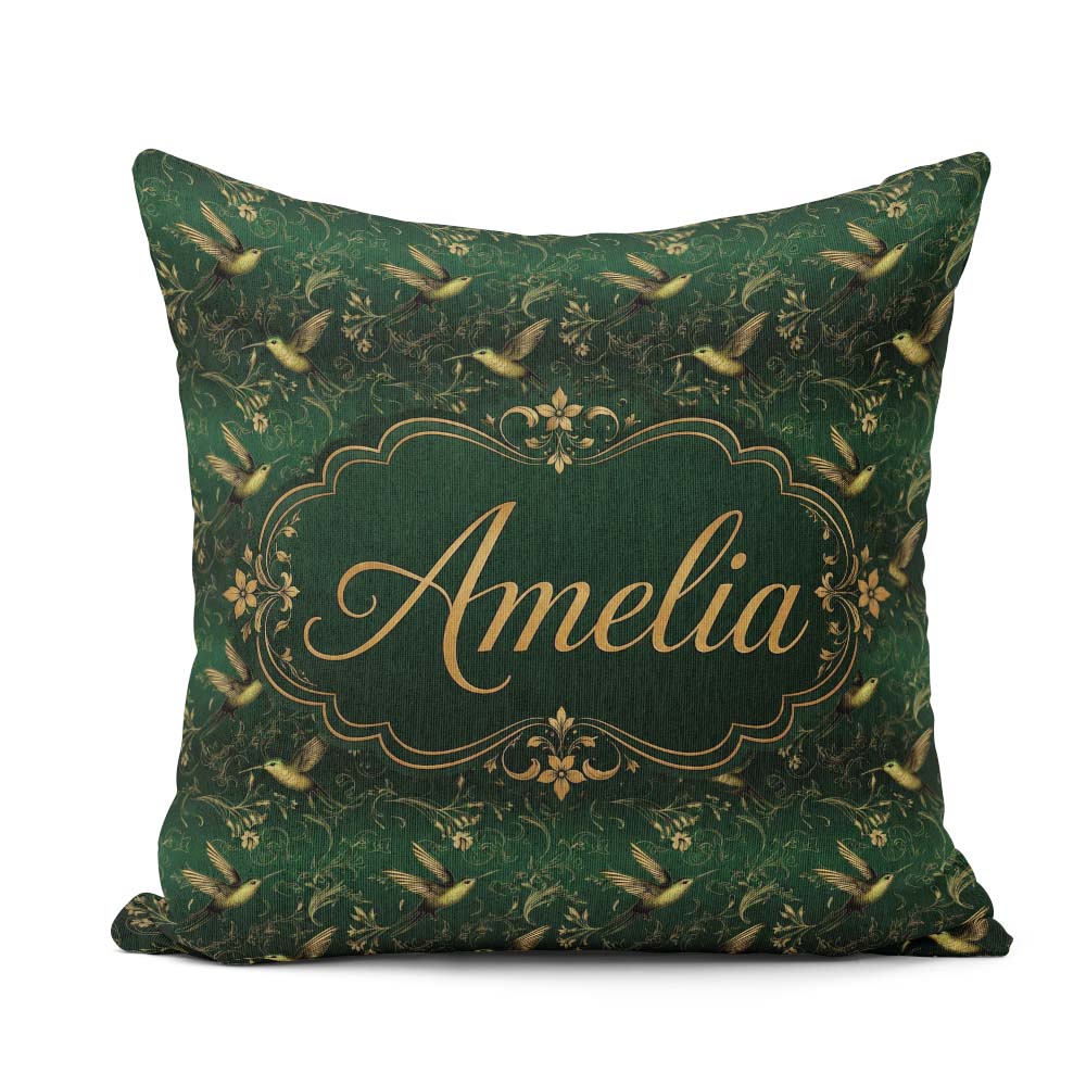 Custom Name Elegant Gold Hummingbird Botanical Dark Pattern Name Square Filled Cushion Throw Pillow Sofa Bed Home Decor Zip Washable UK Made