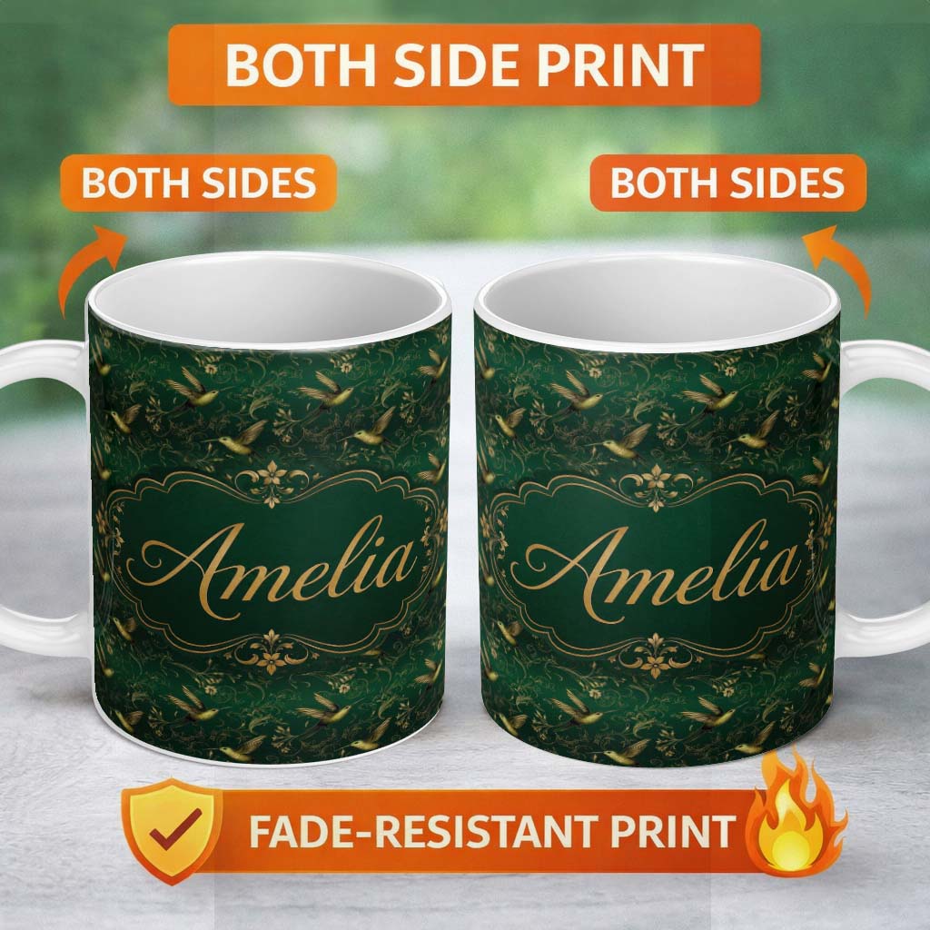 Personalized Custom Name Elegant Gold Hummingbird Botanical Dark Seamless Pattern Name Cute 11oz Ceramic Coffee Tea Mug White Large Handle