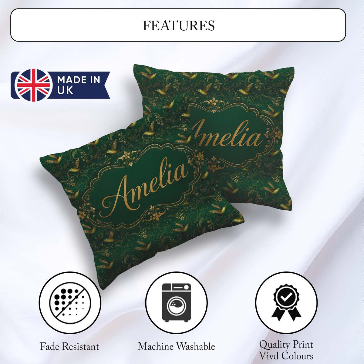 Custom Name Elegant Gold Hummingbird Botanical Dark Pattern Name Square Filled Cushion Throw Pillow Sofa Bed Home Decor Zip Washable UK Made