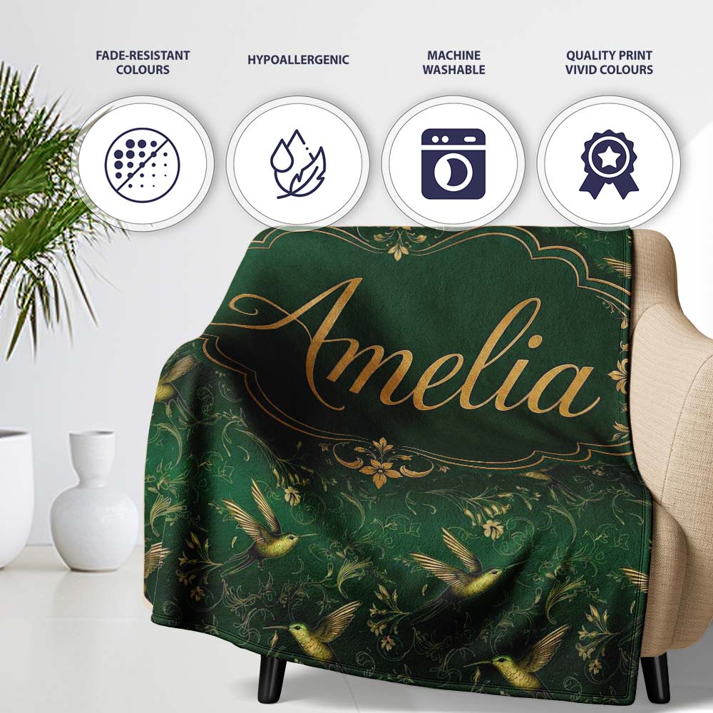 Elegant Gold Hummingbird Botanical Dark Seamless Pattern Name Cute Personalised Custom Name Super Soft Fleece Blanket Bed Sofa Throw