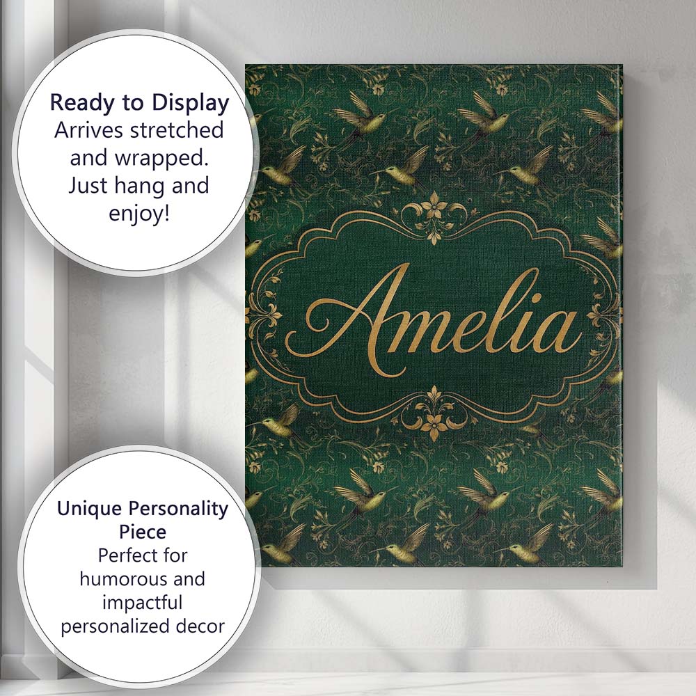 Personalised Name Elegant Gold Hummingbird Custom Bespoke Contemporary Statement Canvas Wall Art Print Decor Picture Ready to Hang