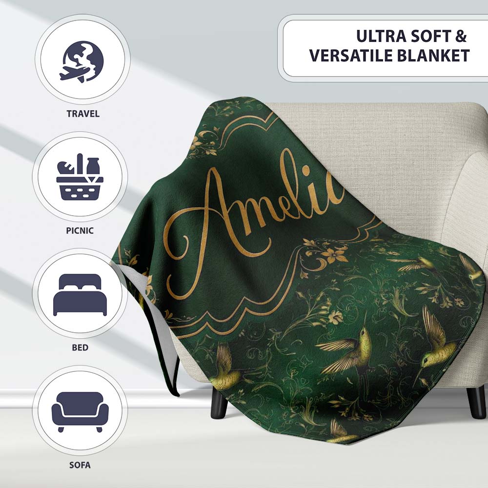 Elegant Gold Hummingbird Botanical Dark Seamless Pattern Name Cute Personalised Custom Name Super Soft Fleece Blanket Bed Sofa Throw