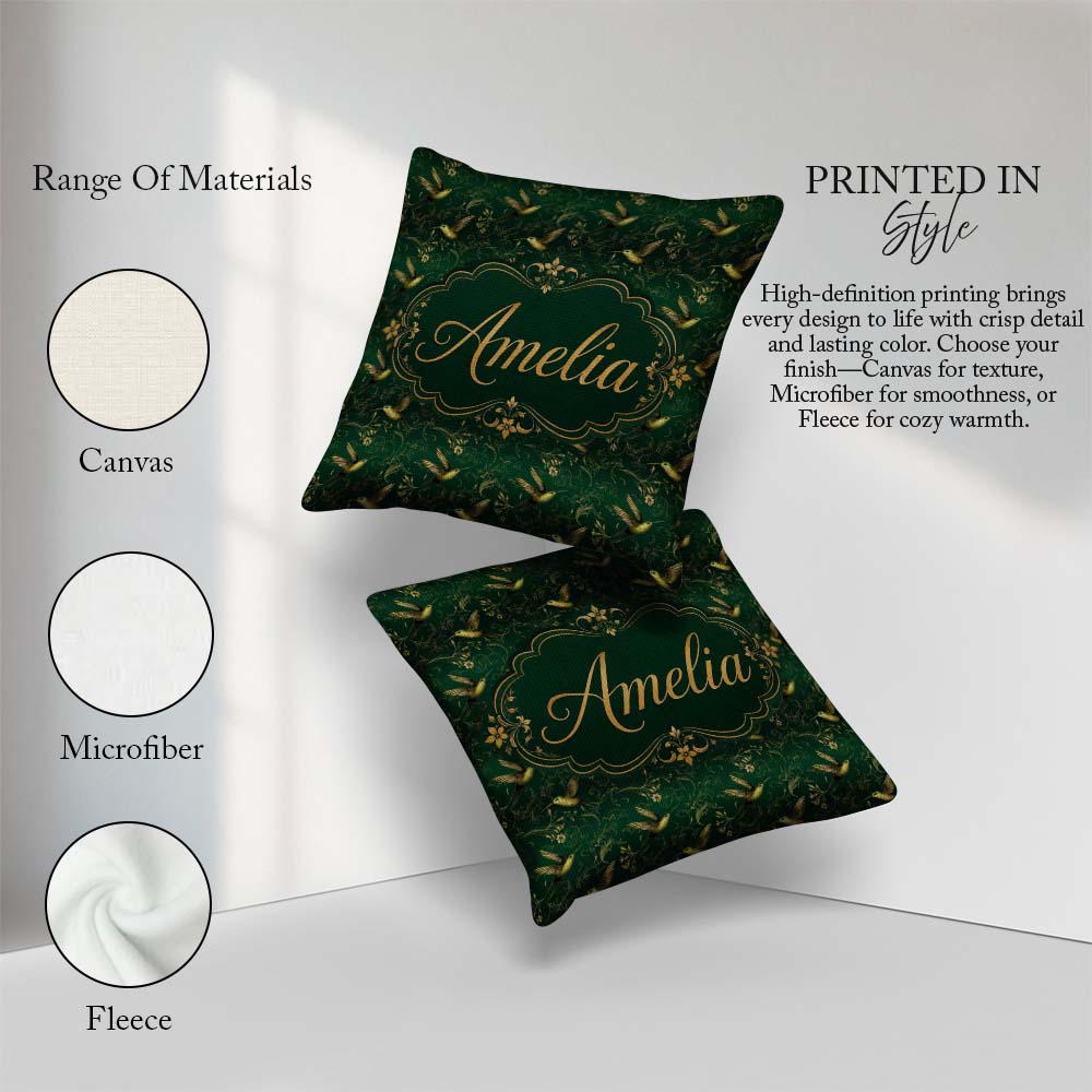 Custom Name Elegant Gold Hummingbird Botanical Dark Pattern Name Square Filled Cushion Throw Pillow Sofa Bed Home Decor Zip Washable UK Made