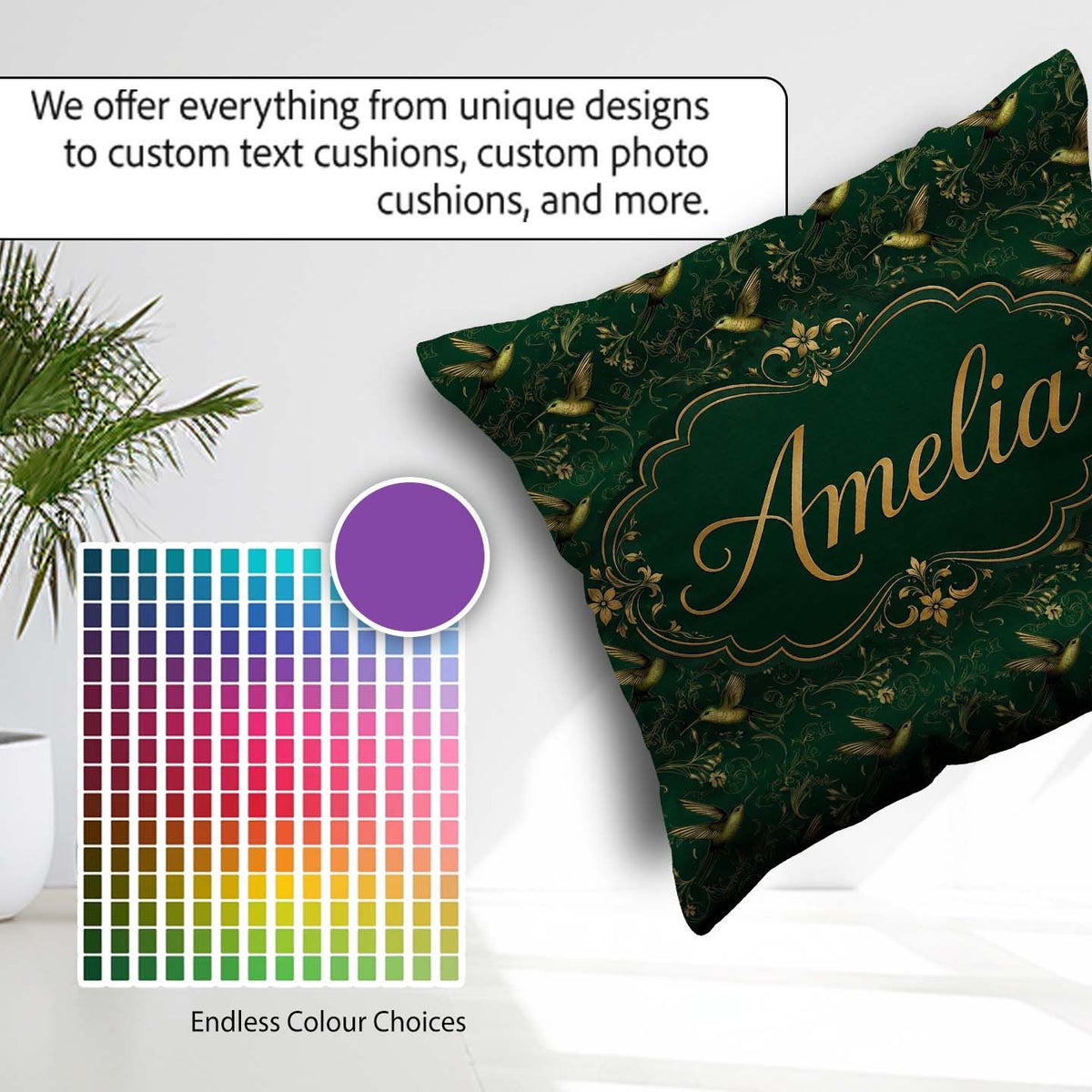 Custom Name Elegant Gold Hummingbird Botanical Dark Pattern Name Square Filled Cushion Throw Pillow Sofa Bed Home Decor Zip Washable UK Made