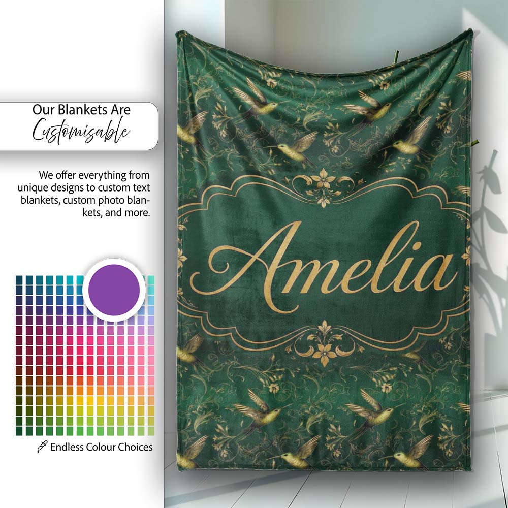 Elegant Gold Hummingbird Botanical Dark Seamless Pattern Name Cute Personalised Custom Name Super Soft Fleece Blanket Bed Sofa Throw
