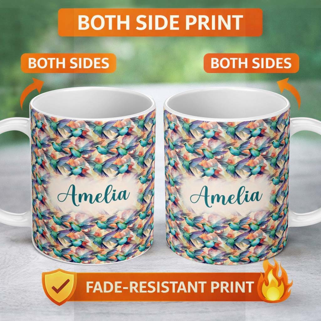 Personalized Custom Name Colorful Hummingbird Abstract Watercolor Seamless Pattern Custom 11oz Ceramic Coffee Tea Mug White Large Handle