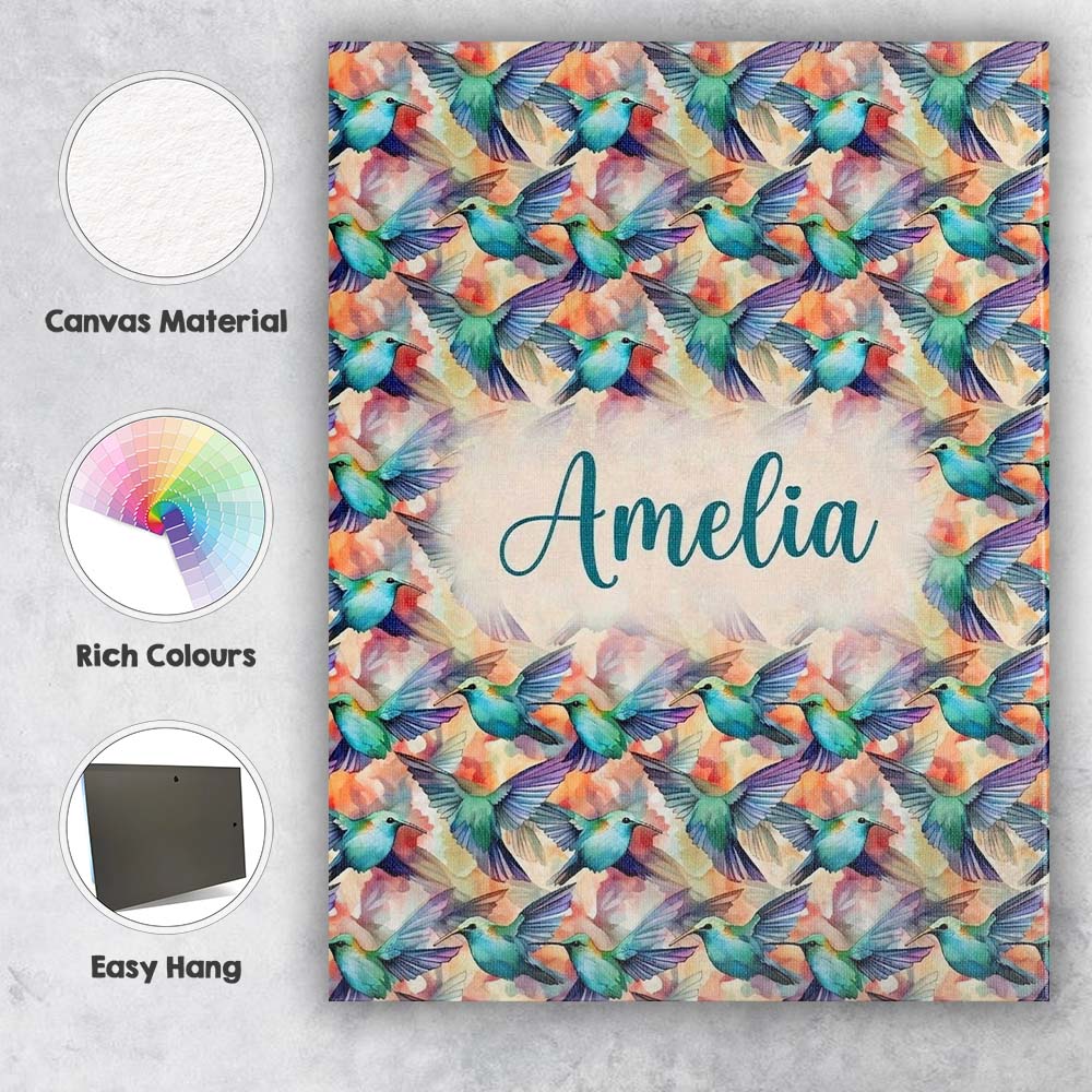 Personalised Name Colorful Hummingbird Custom Modern Room Accent Elegant Feature Canvas Wall Art Print Decor Picture Ready to Hang