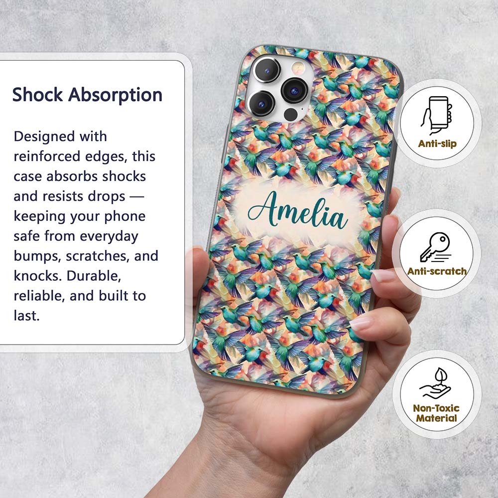 Colorful Hummingbird Abstract Watercolor Seamless Custom Name Protective Phone Case Mobile Cover Durable Everyday Smartphone Shock Resistant