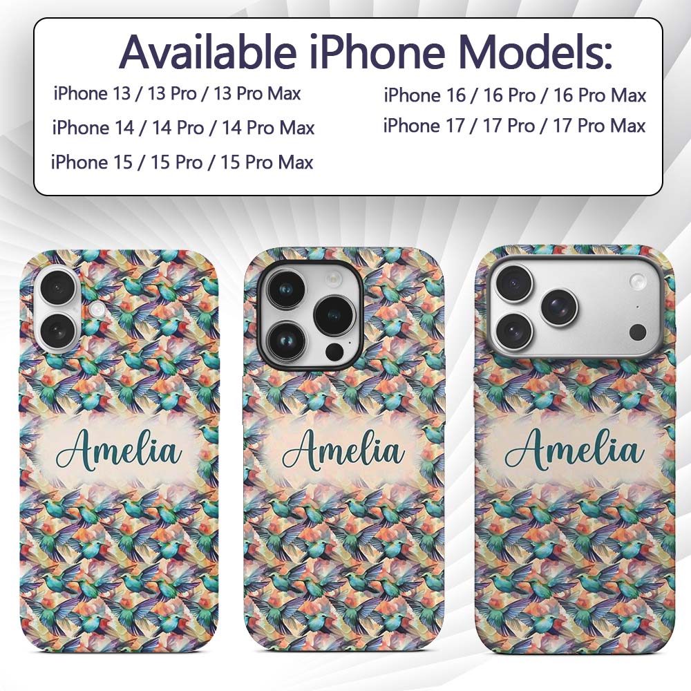 Colorful Hummingbird Abstract Watercolor Seamless Custom Name Protective Phone Case Mobile Cover Durable Everyday Smartphone Shock Resistant