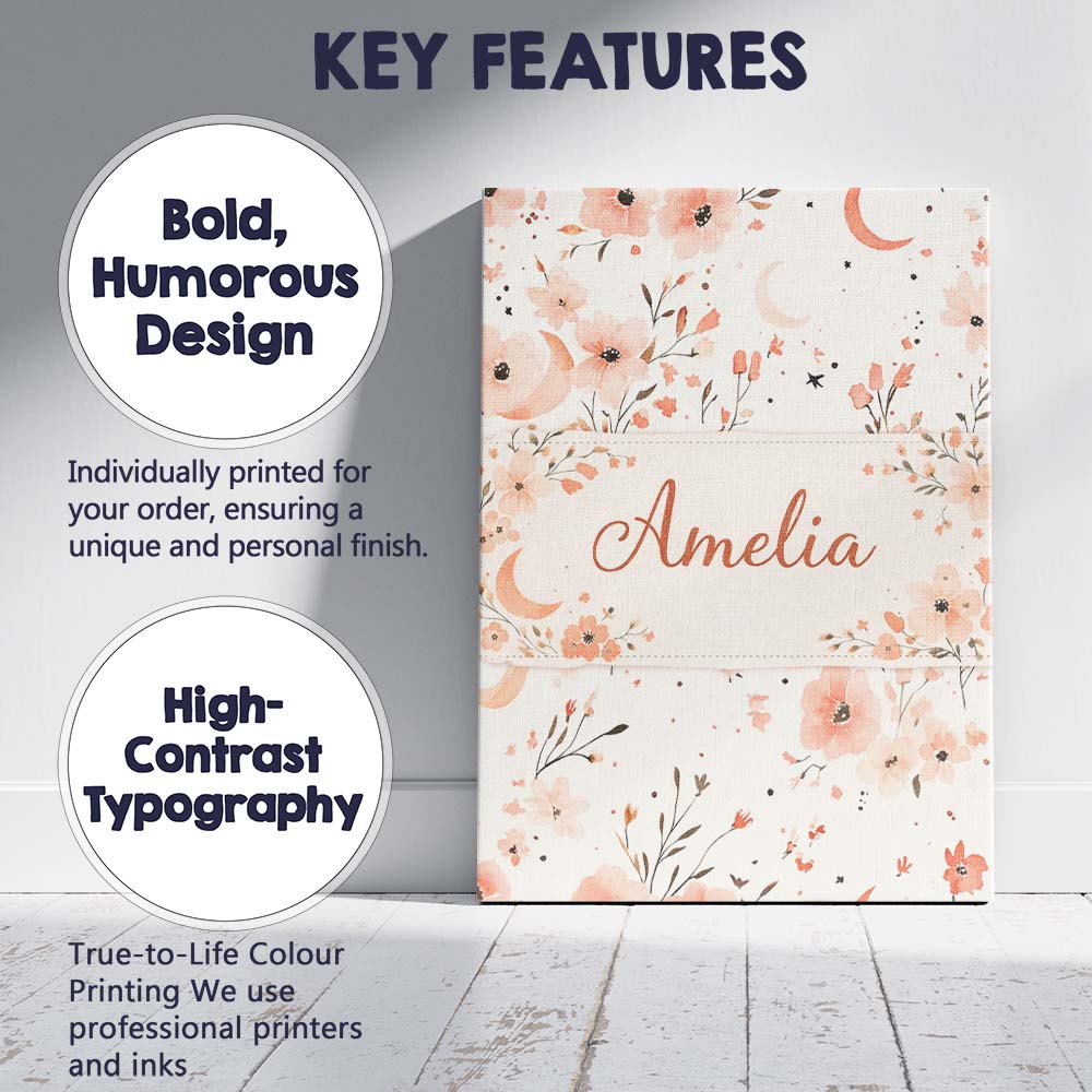 Personalised Name Peach Floral Moon Seamless Pattern Stylish Everyday Custom Home Unique Canvas Wall Art Print Decor Picture Ready to Hang