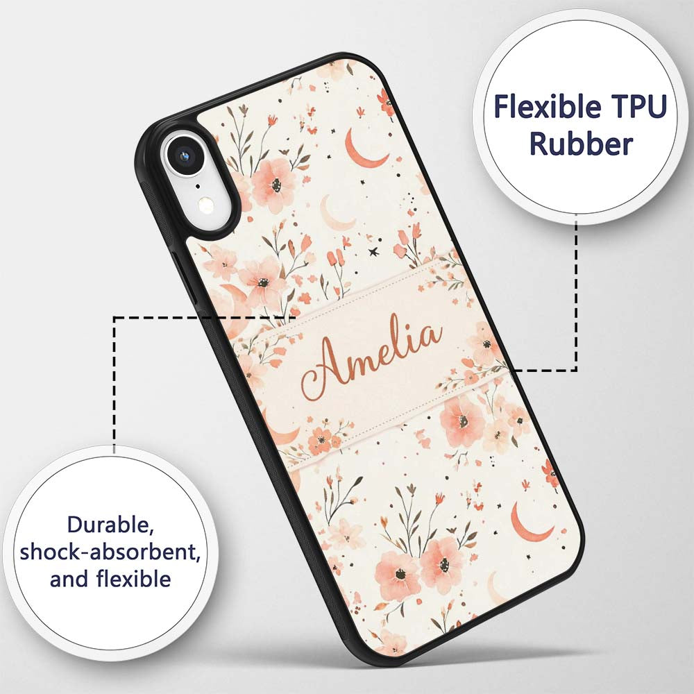Peach Floral Moon Seamless Pattern Printed Design Custom Name Protective Phone Case Mobile Cover Durable Everyday Smartphone Shock Resistant