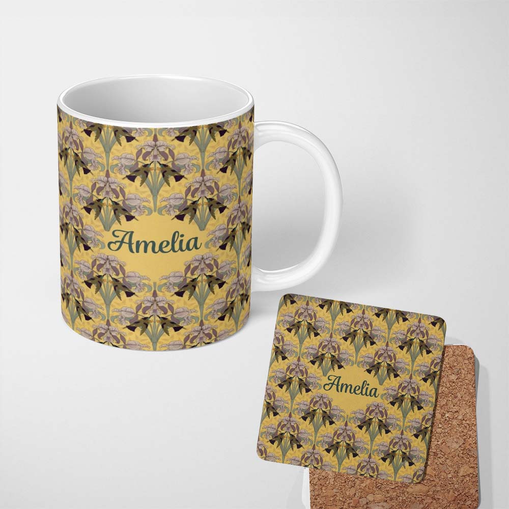 Personalized Custom Name Art Nouveau Iris Floral Vintage Yellow Seamless Pattern Name Cute 11oz Ceramic Coffee Tea Mug White Large Handle