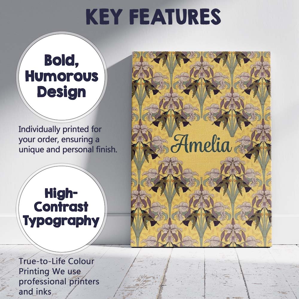 Personalised Name Nouveau Iris Floral Custom Unique Gift Idea Modern Room Accent Canvas Wall Art Print Decor Picture Ready to Hang