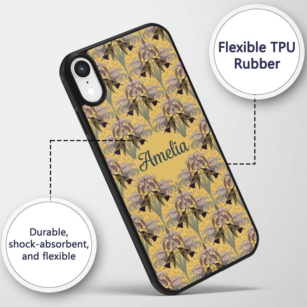 Art Nouveau Iris Floral Vintage Yellow Seamless Custom Name Protective Phone Case Mobile Cover Durable Everyday Smartphone Shock Resistant