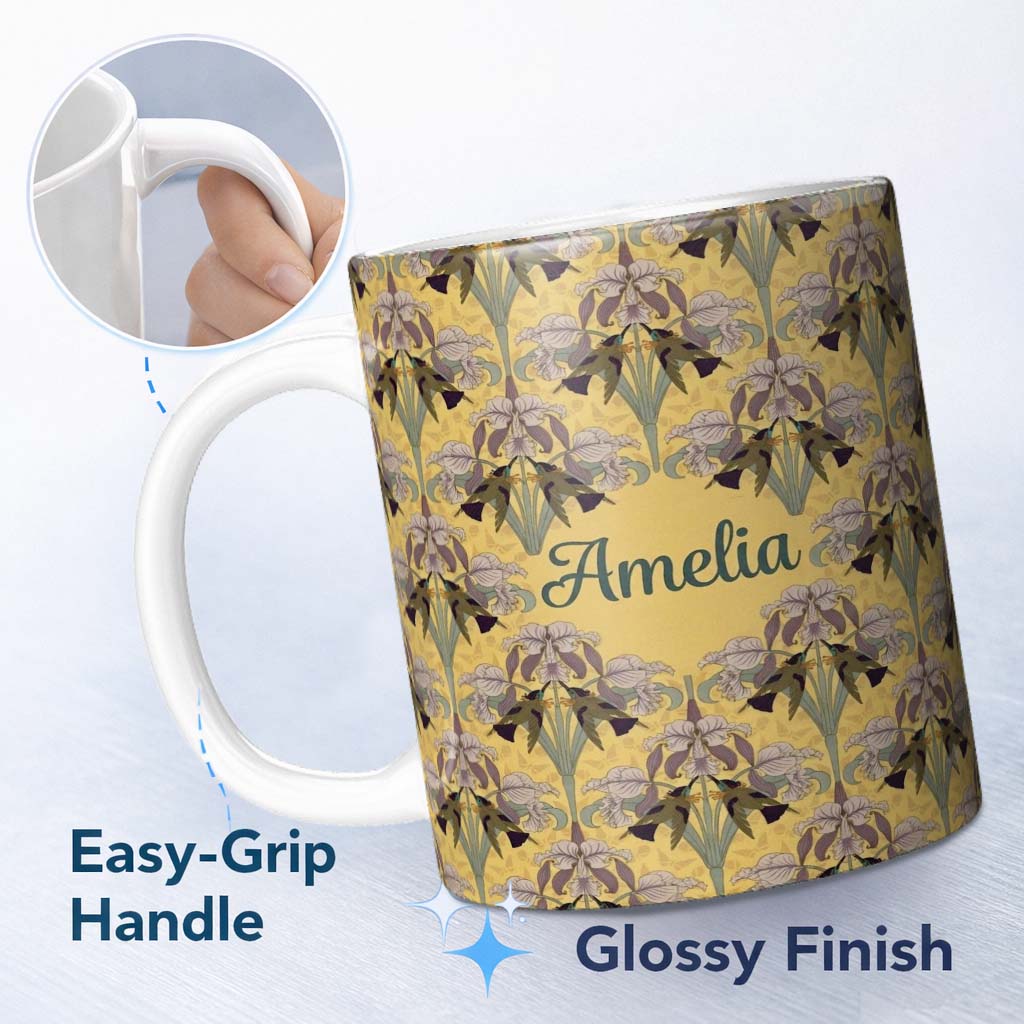 Personalized Custom Name Art Nouveau Iris Floral Vintage Yellow Seamless Pattern Name Cute 11oz Ceramic Coffee Tea Mug White Large Handle