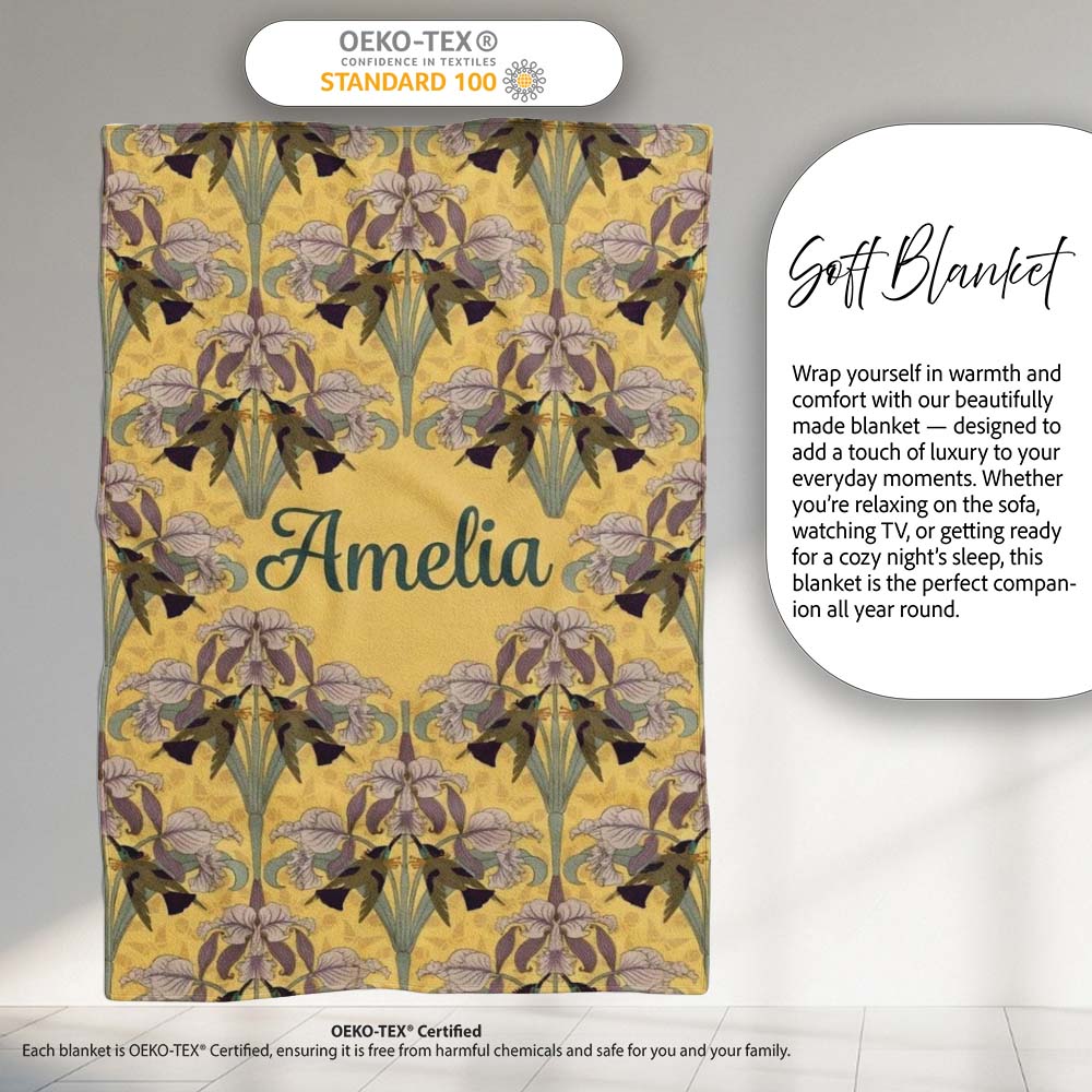 Art Nouveau Iris Floral Vintage Yellow Seamless Pattern Name Cute Personalised Custom Name Super Soft Fleece Blanket Bed Sofa Throw