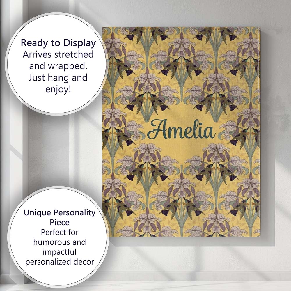 Personalised Name Nouveau Iris Floral Custom Unique Gift Idea Modern Room Accent Canvas Wall Art Print Decor Picture Ready to Hang