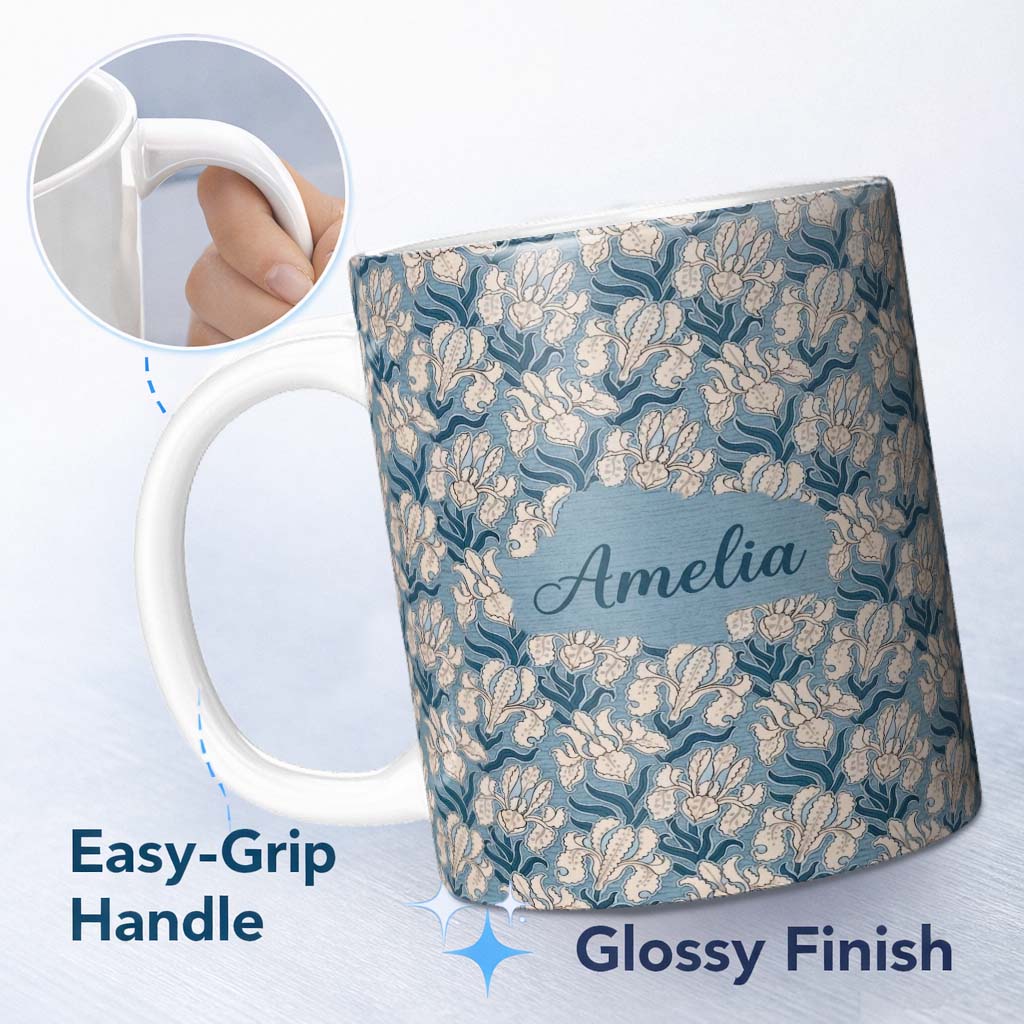Personalized Custom Name Classic Blue Botanical Floral Vintage Seamless Pattern Name Cute 11oz Ceramic Coffee Tea Mug White Large Handle