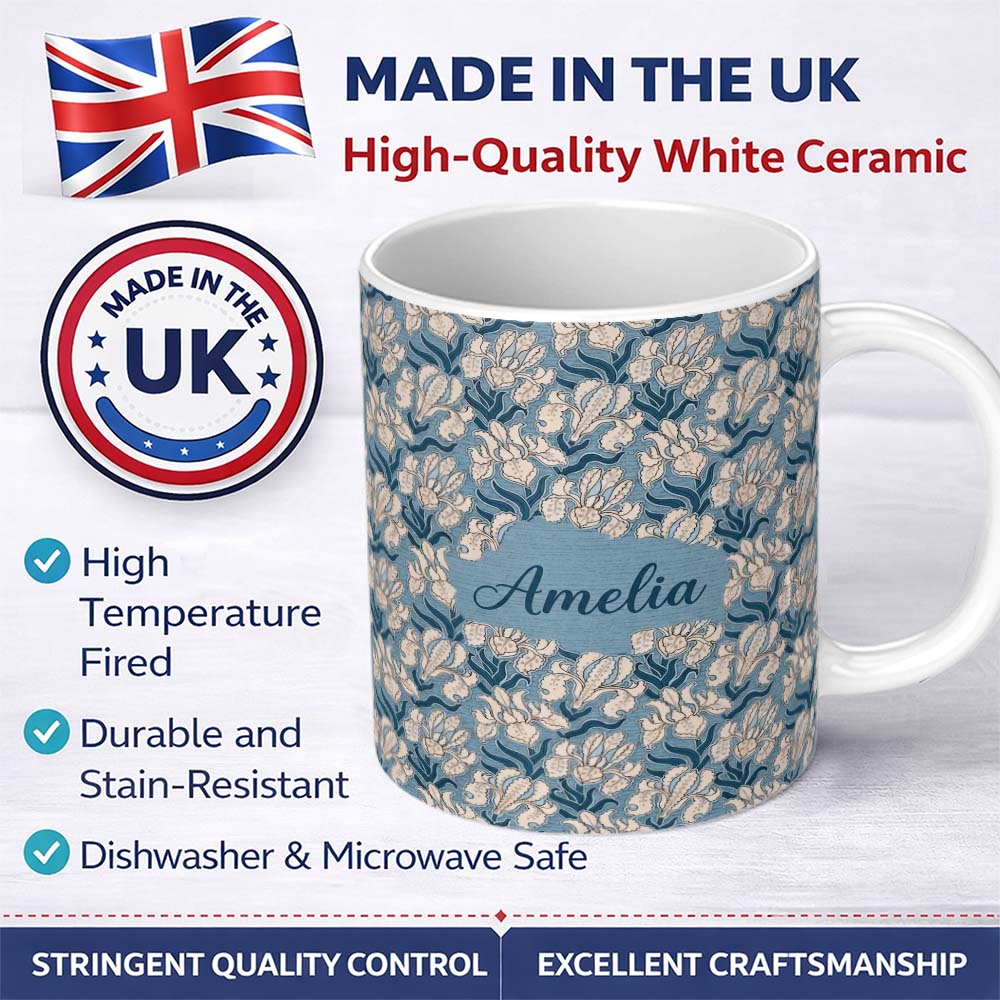 Personalized Custom Name Classic Blue Botanical Floral Vintage Seamless Pattern Name Cute 11oz Ceramic Coffee Tea Mug White Large Handle