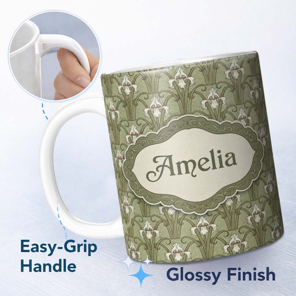 Personalized Custom Name Vintage Lily Floral Green Art Nouveau Seamless Pattern Name Cute 11oz Ceramic Coffee Tea Mug White Large Handle
