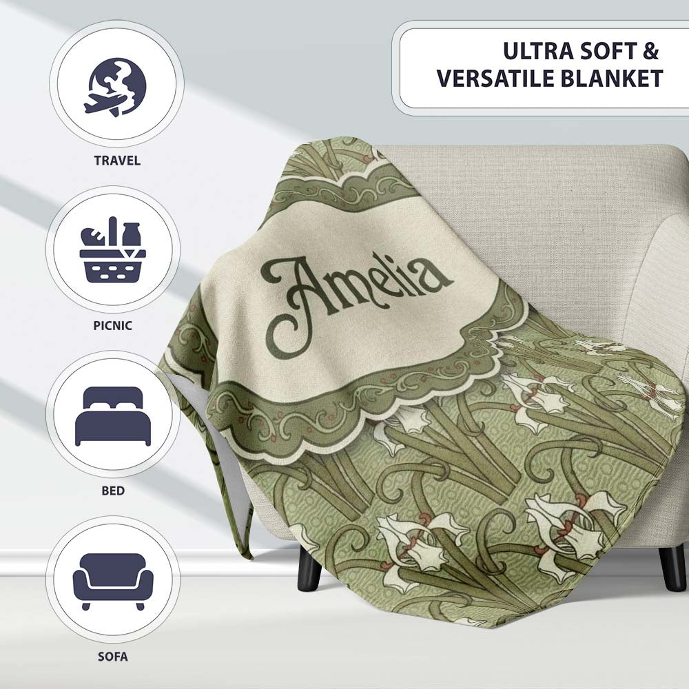 Vintage Lily Floral Green Art Nouveau Seamless Pattern Name Cute Personalised Custom Name Super Soft Fleece Blanket Bed Sofa Throw