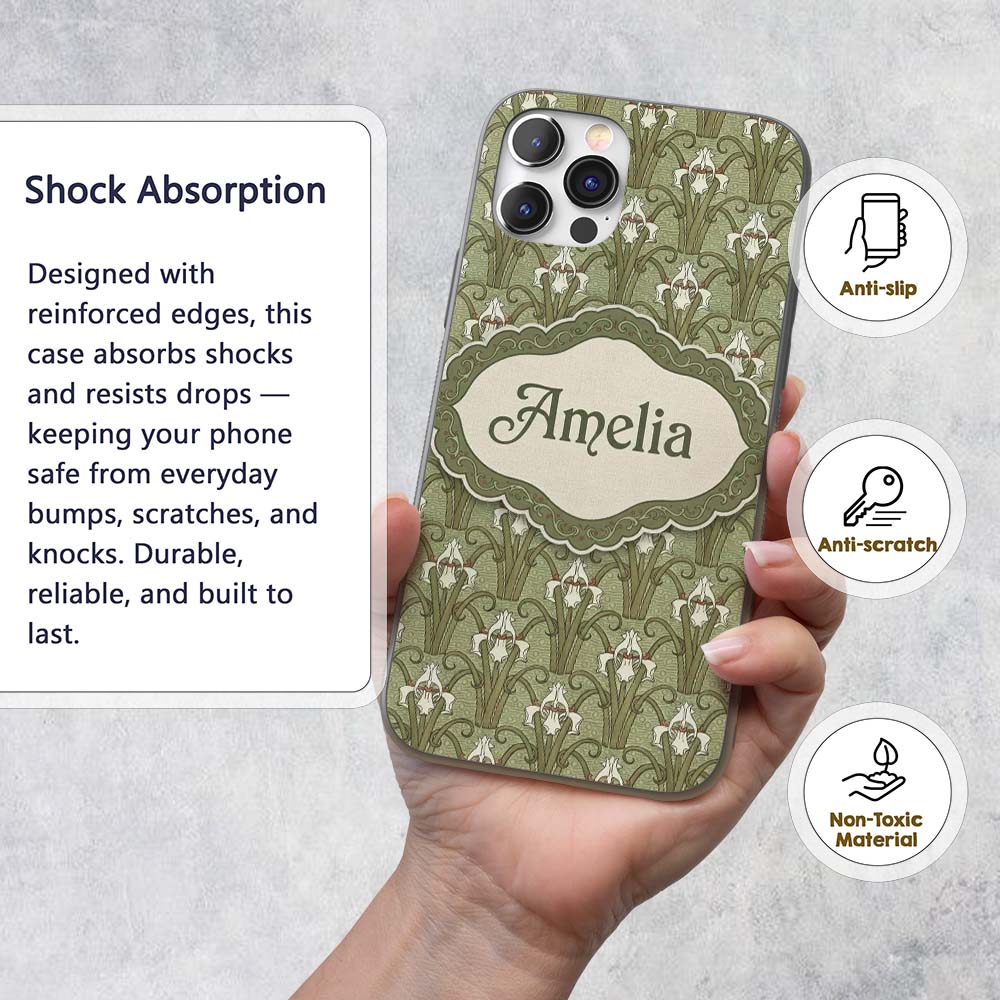 Vintage Lily Floral Green Art Nouveau Seamless Custom Name Protective Phone Case Mobile Cover Durable Everyday Smartphone Shock Resistant
