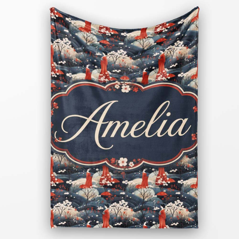 Japanese Geisha Red Kimono Floral Landscape Seamless Pattern Name Personalised Custom Name Super Soft Fleece Blanket Bed Sofa Throw