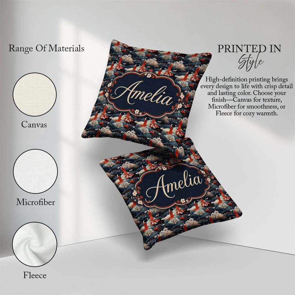 Custom Name Japanese Geisha Red Kimono Floral Landscape Seamless Square Filled Cushion Throw Pillow Sofa Bed Home Decor Zip Washable UK Made