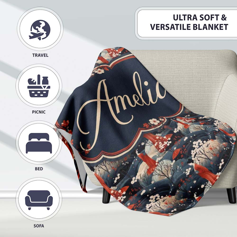 Japanese Geisha Red Kimono Floral Landscape Seamless Pattern Name Personalised Custom Name Super Soft Fleece Blanket Bed Sofa Throw