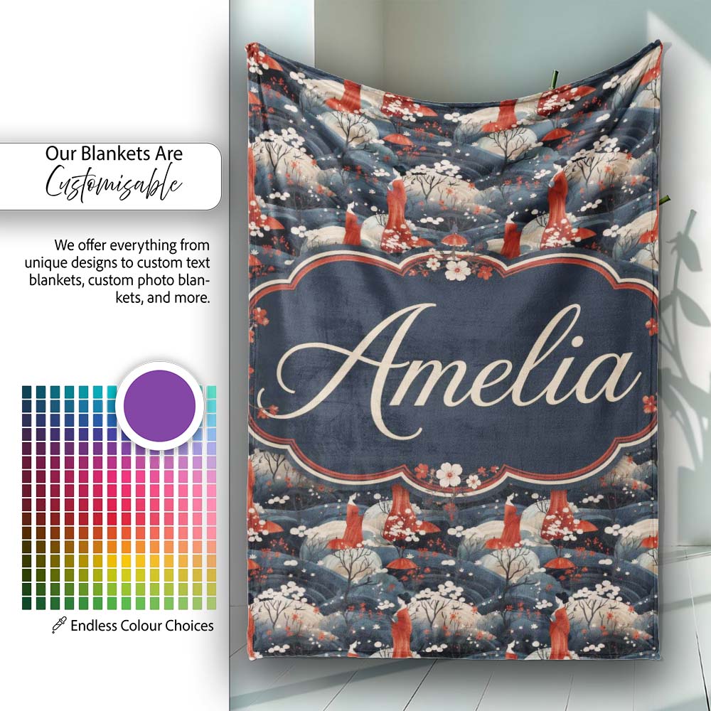 Japanese Geisha Red Kimono Floral Landscape Seamless Pattern Name Personalised Custom Name Super Soft Fleece Blanket Bed Sofa Throw