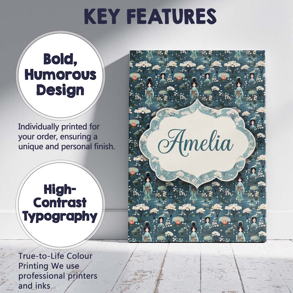 Personalised Name Cute Kawaii Geisha Floral Custom Bespoke Interior Contemporary Canvas Wall Art Print Decor Picture Ready to Hang