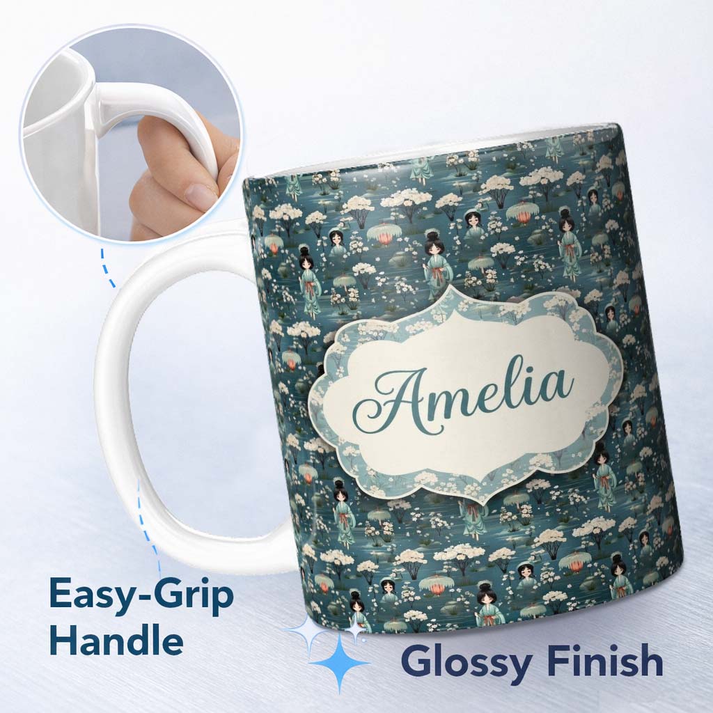Personalized Custom Name Cute Kawaii Geisha Floral Garden Lantern Seamless Pattern Name 11oz Ceramic Coffee Tea Mug White Large Handle