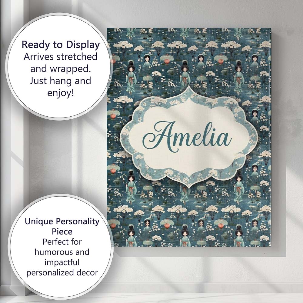 Personalised Name Cute Kawaii Geisha Floral Custom Bespoke Interior Contemporary Canvas Wall Art Print Decor Picture Ready to Hang