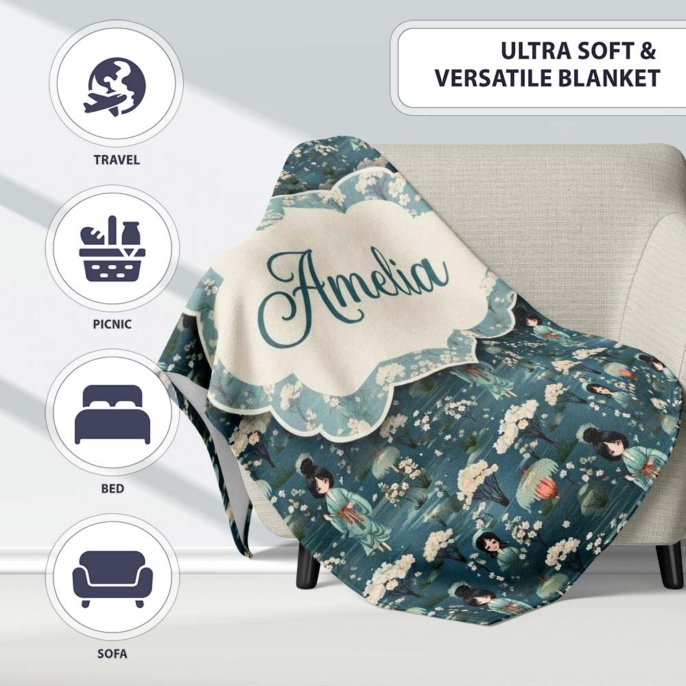 Cute Kawaii Geisha Floral Garden Lantern Seamless Pattern Name Personalised Custom Name Super Soft Fleece Blanket Bed Sofa Throw