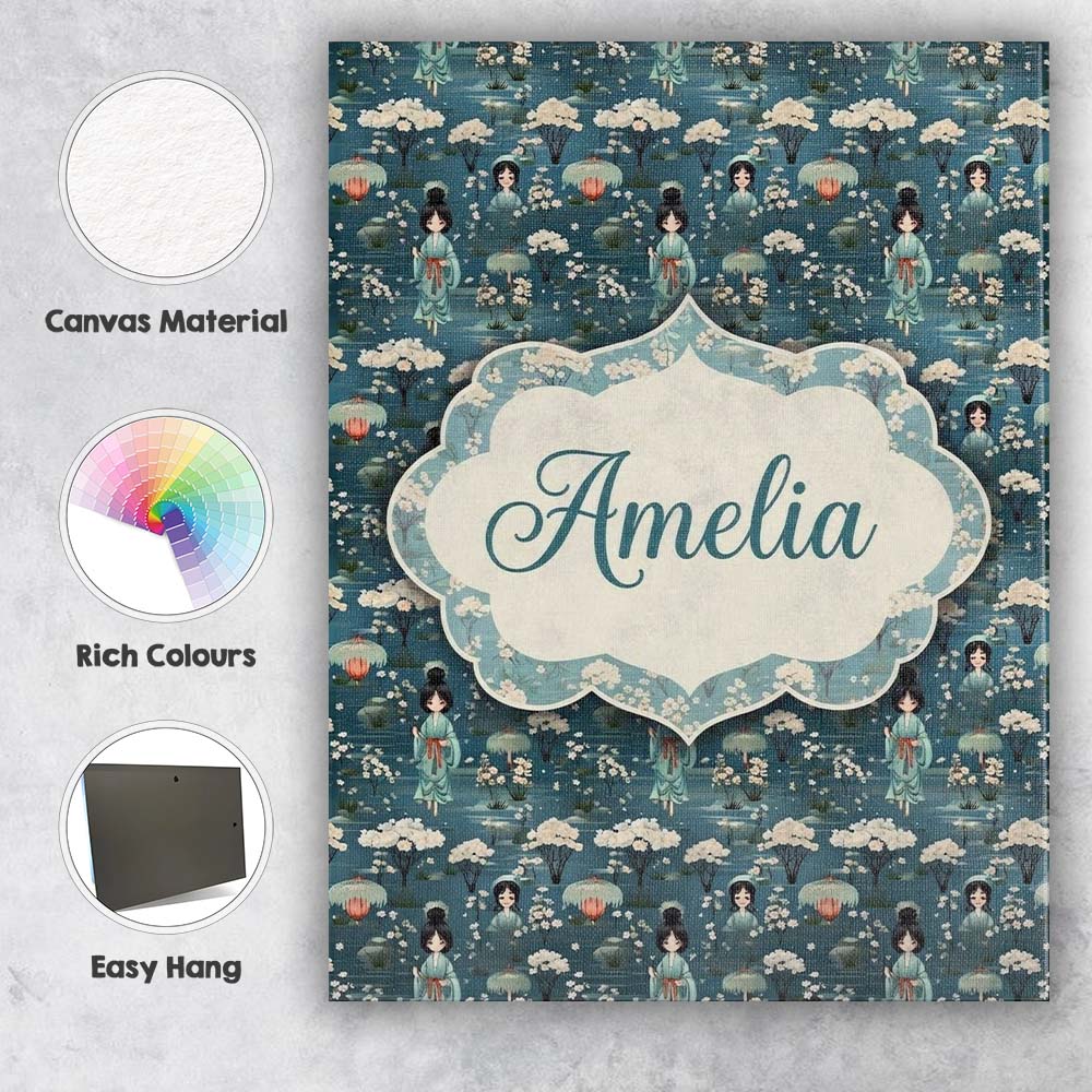 Personalised Name Cute Kawaii Geisha Floral Custom Bespoke Interior Contemporary Canvas Wall Art Print Decor Picture Ready to Hang